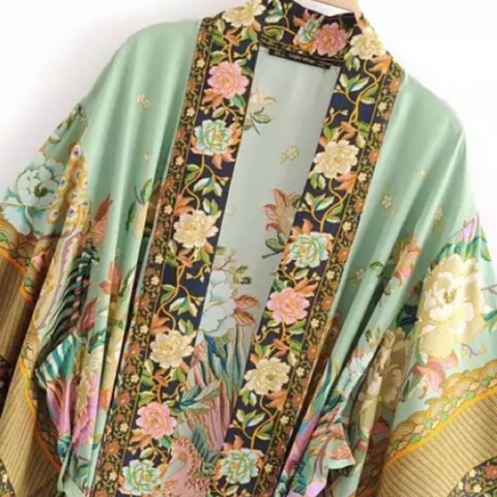 Mint Green Floral Kimono Tunic with Contrast Trim